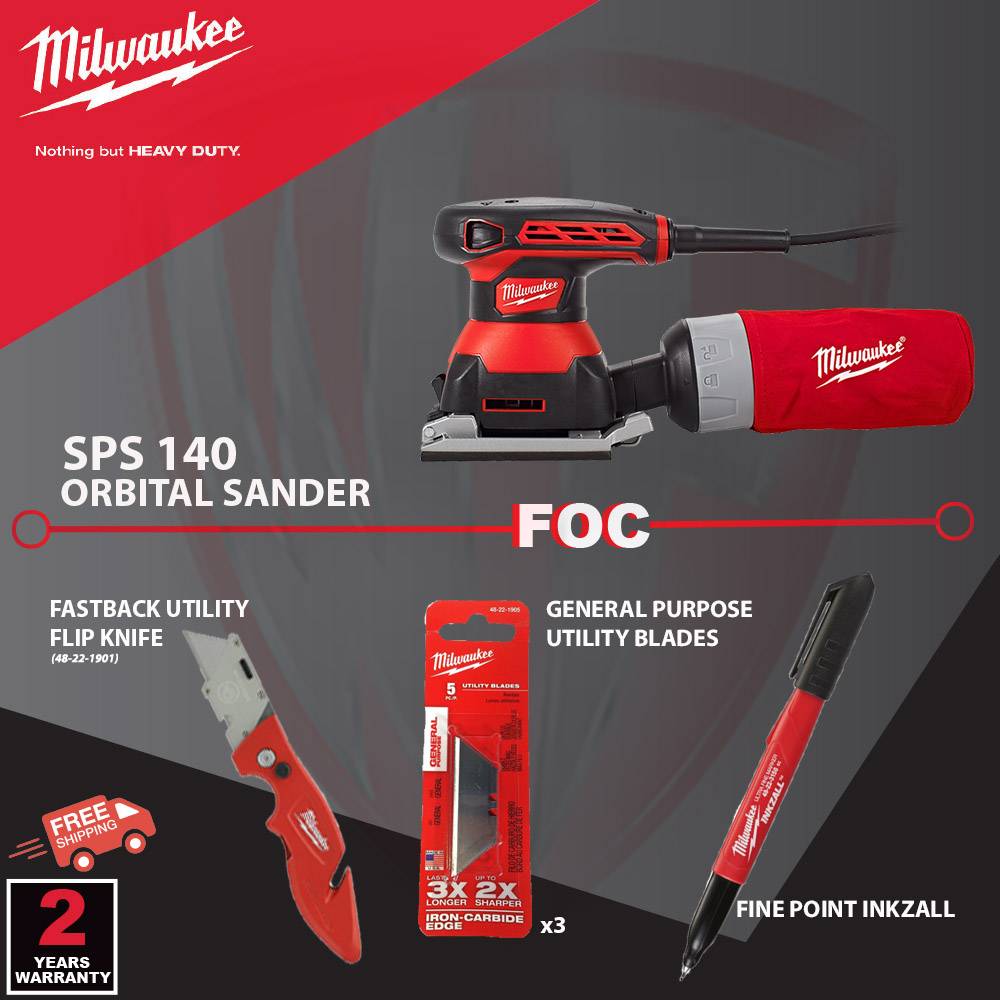 MILWAUKEE SPS 140 SANDER 1/4" SHEET SANDER + F.O.C FASTBACK Utility Flip(48221901), MILWAUKEE